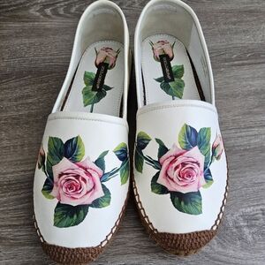 Dolce & Gabbana White and Pink Rose Print Espadrilles